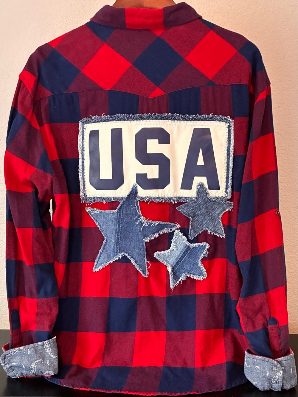 Patriotic Upcycled Flannel Shirt. USA and Star Designs. XXL.